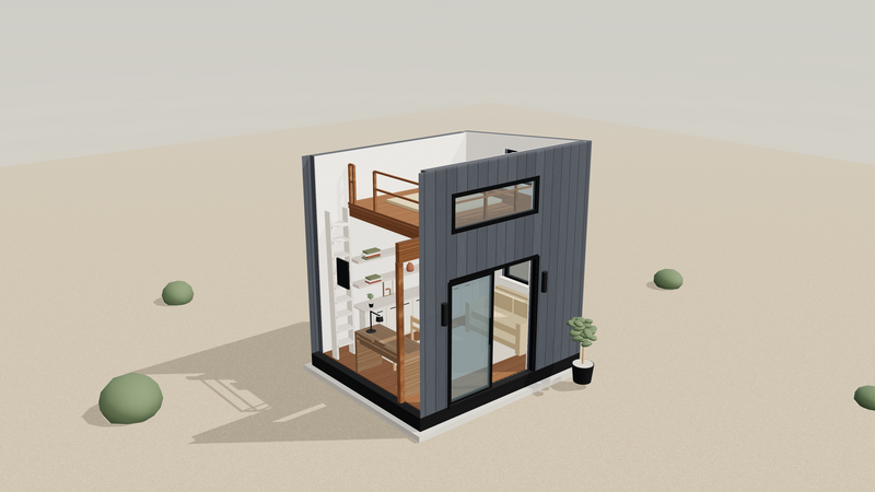 Cutaway render showing the office, upper deck, near-vertical ladder, and rear built-ins