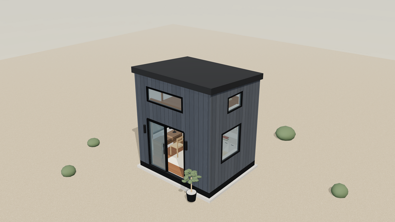 Exterior three-quarter render of the backyard office