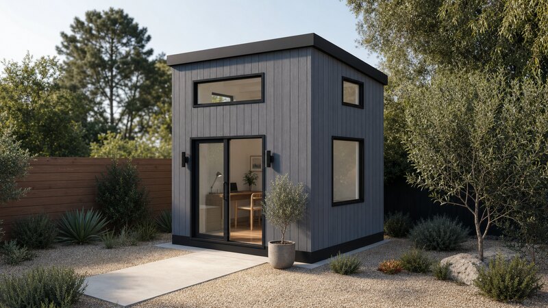 Photoreal daytime exterior concept of the backyard office beside a concrete path with a potted olive tree