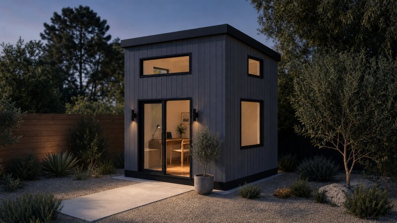 Photoreal dusk exterior concept of the backyard office with warm interior light and a potted olive tree