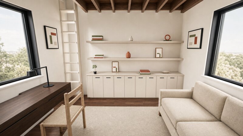 Photoreal interior concept showing the single-desk workspace, right-side seating, near-vertical ladder, upper deck, and walnut floor