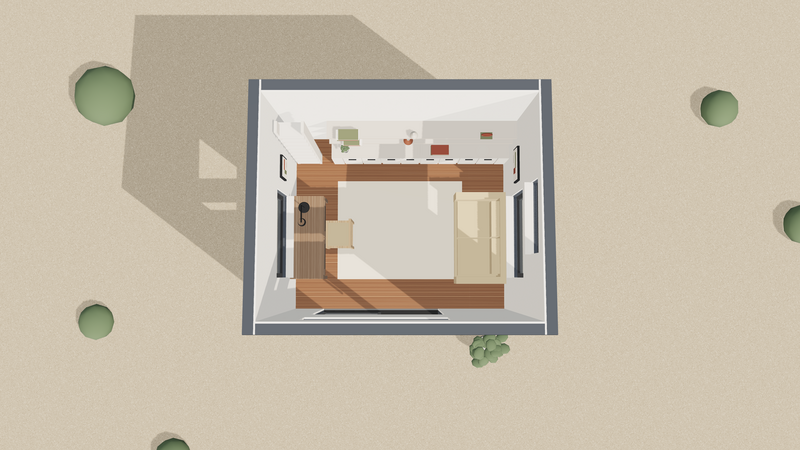 Top-down plan render showing one left desk, right-side seating, rear built-ins, near-vertical ladder, and circulation