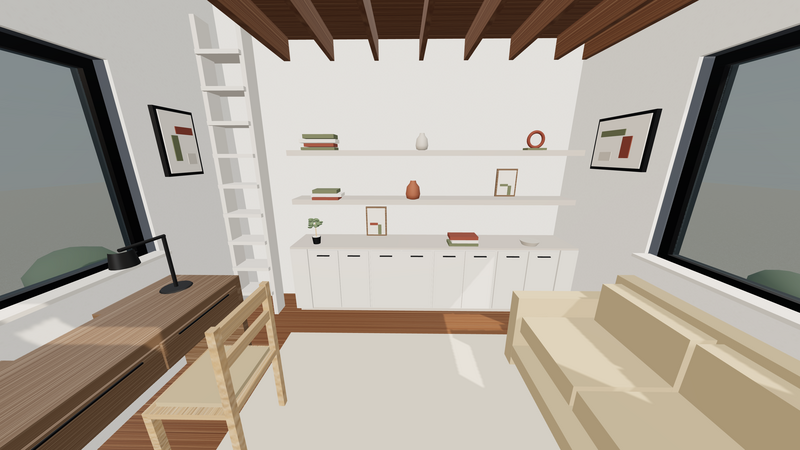 Interior workspace render showing one left desk, right-side seating, the near-vertical ladder, and rear built-in cabinets